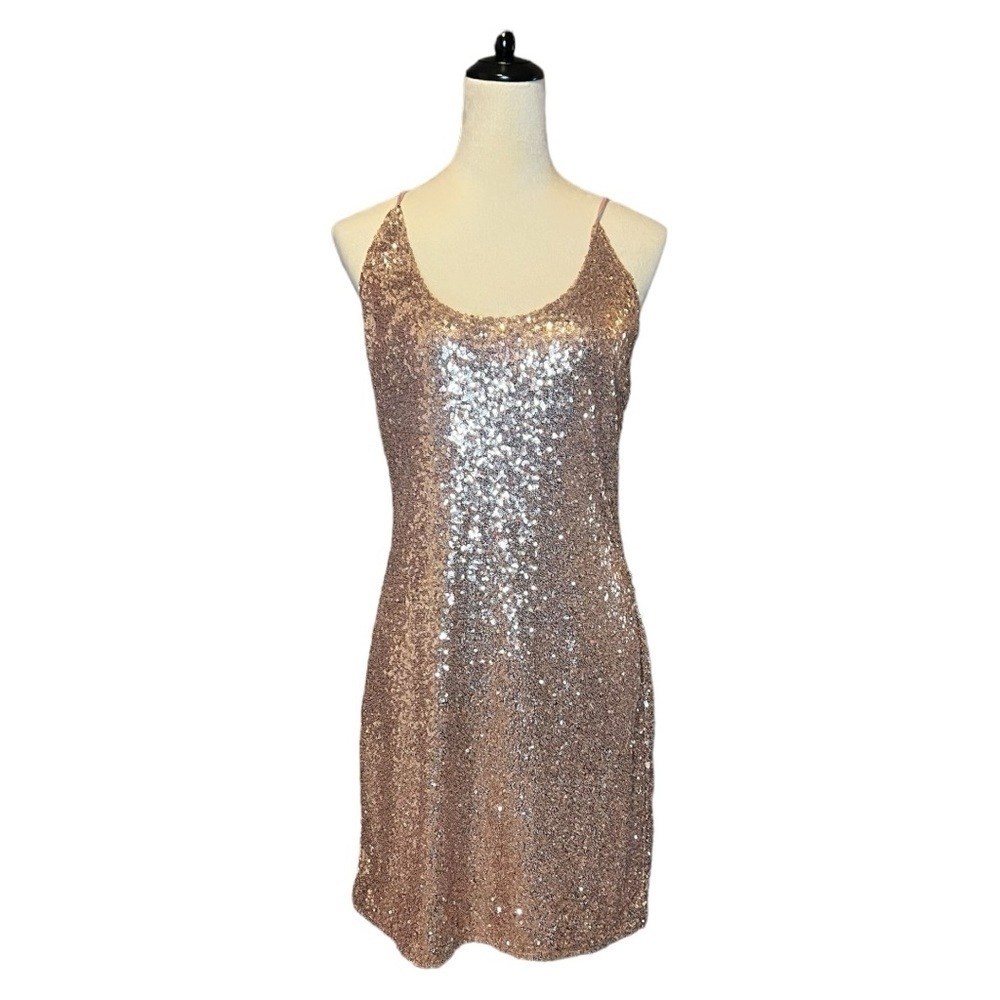 Fashion nova spaghetti strap rose gold sequin dress size 2xl EUC